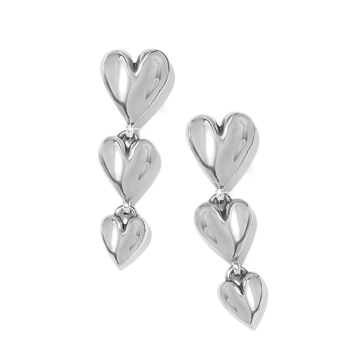 Silver post earrings with flat disc backs featuring cascading two-tone hearts in silver framing gold.
