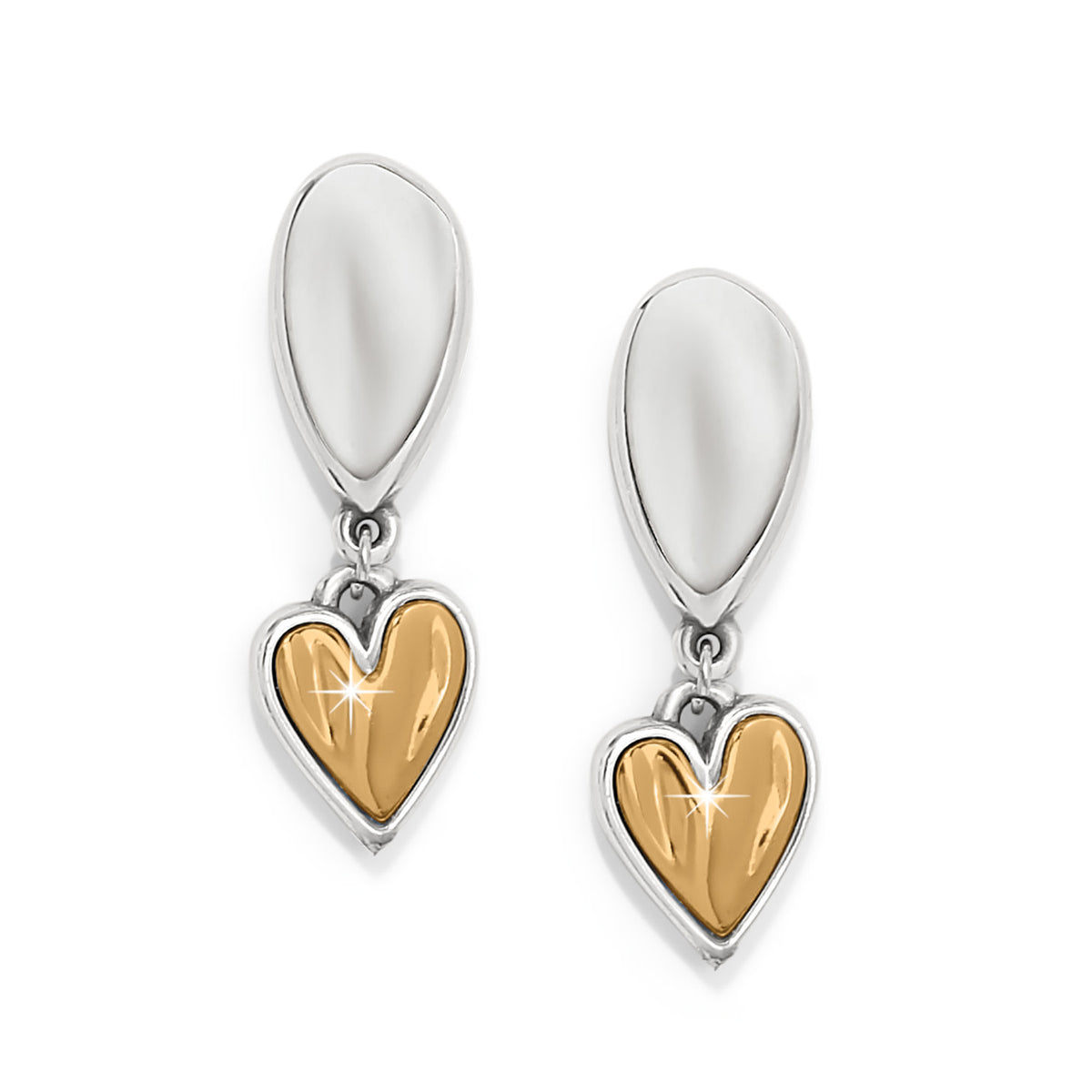 Silver-plated two-tone post drop earrings featuring a cascade heart unity design with flat disc backs.