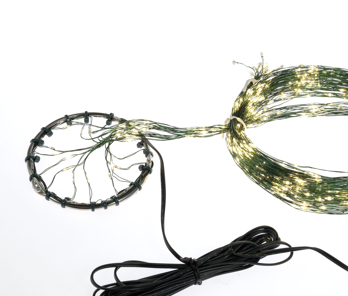Green wire LED cascade tree lights with warm white twinkle bulbs falling from a top ring.