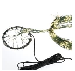 Green wire cascade string lights with warm white LEDs falling from a top ring