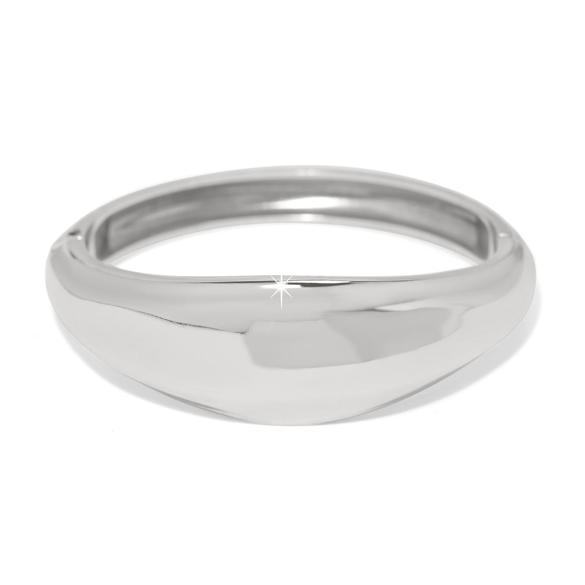 Silver plated hinged bangle bracelet with a smooth circular band.