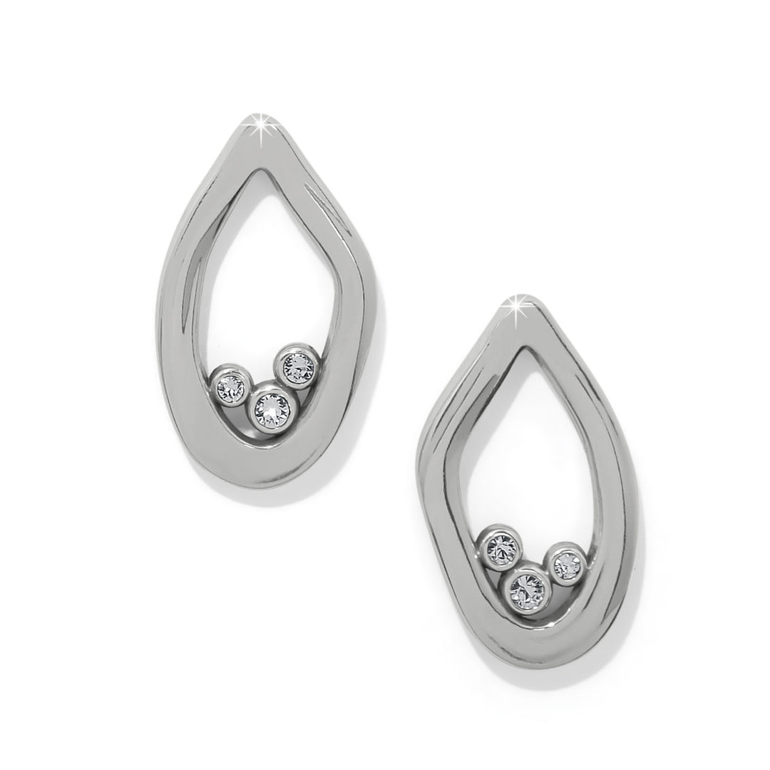 Silver plated post earrings with a flowing drop silhouette featuring shimmering crystal accents.