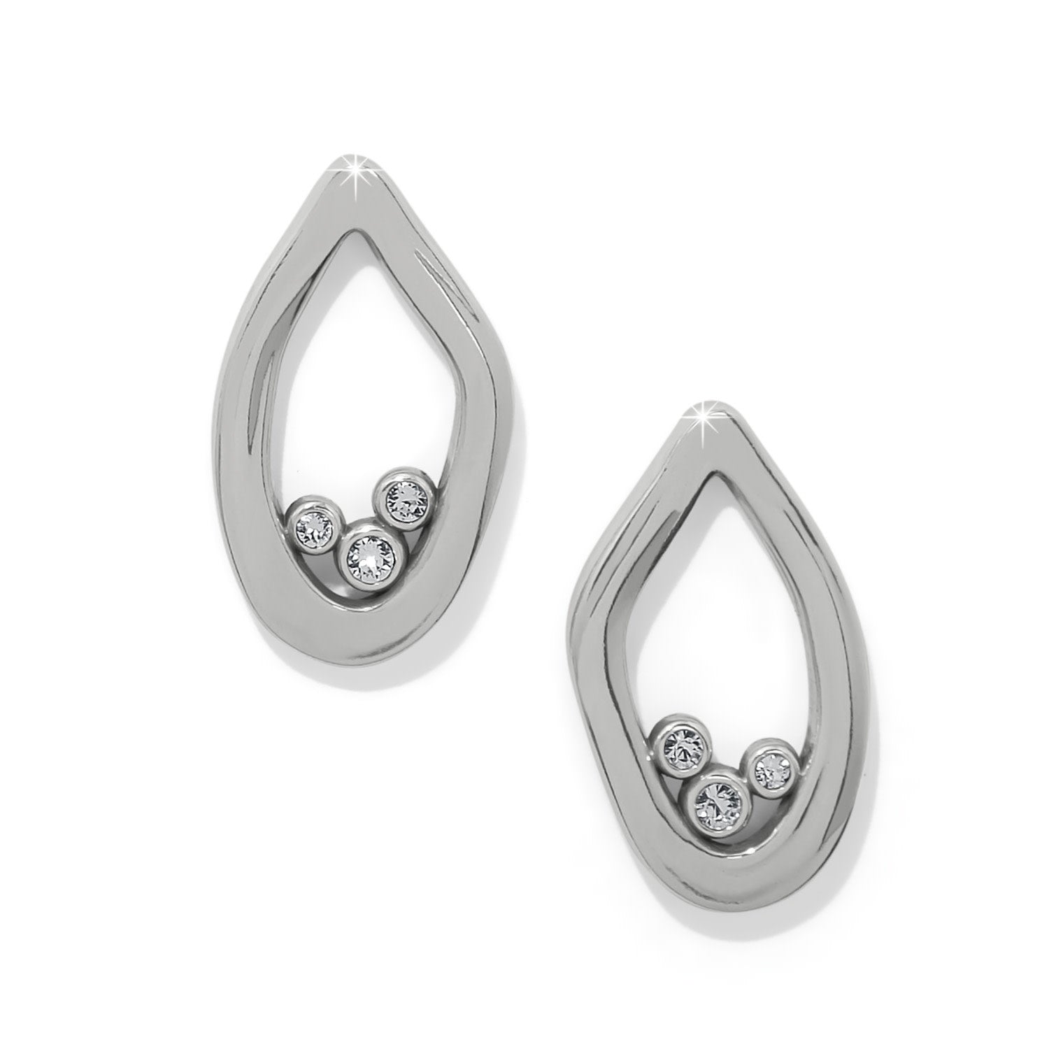 Silver plated post earrings with a flowing drop silhouette featuring shimmering crystal accents.