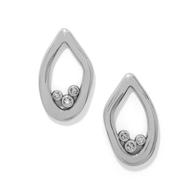 Silver plated post earrings with a flowing drop silhouette featuring shimmering crystal accents.