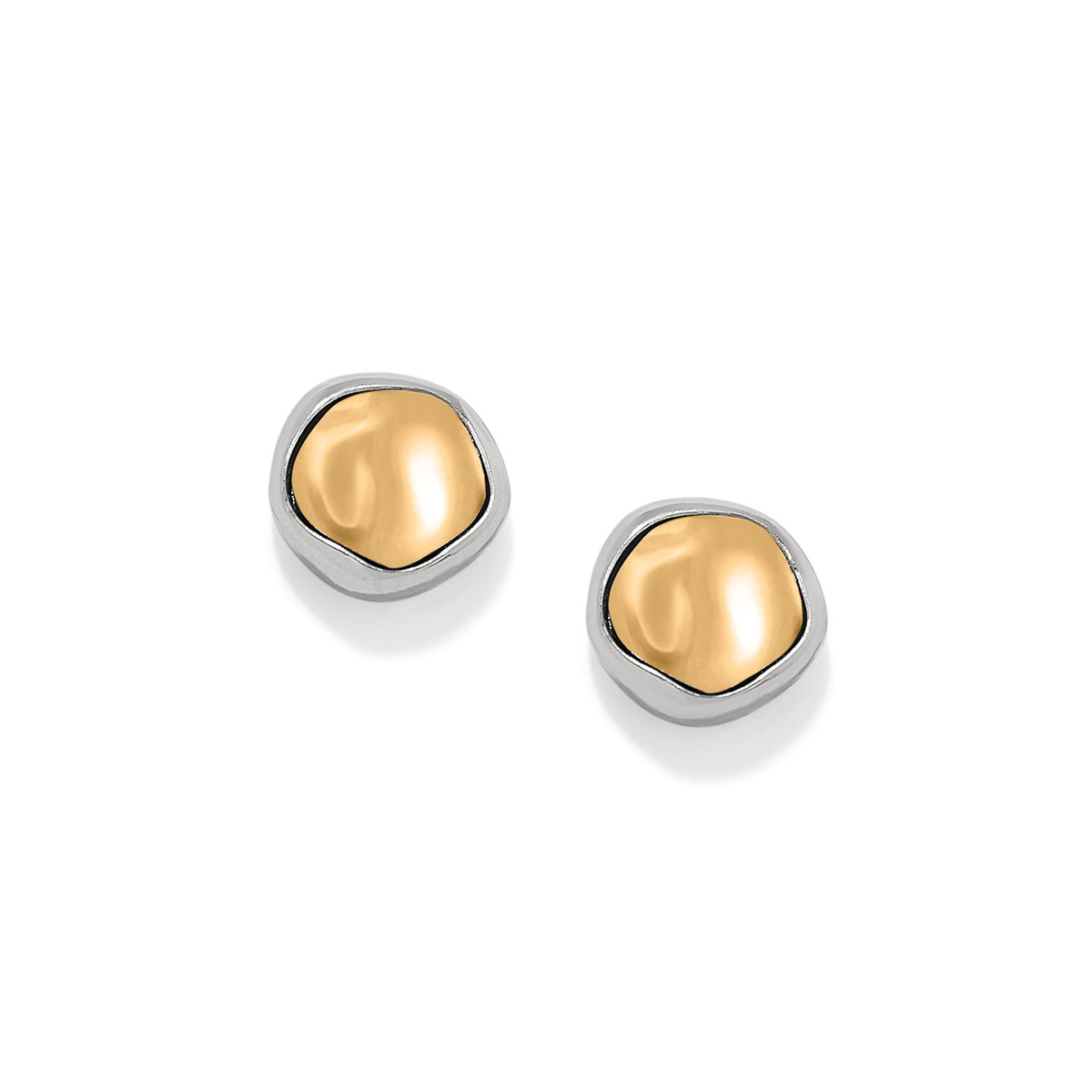 Two-tone silver-gold round post earrings with a flat disc back.