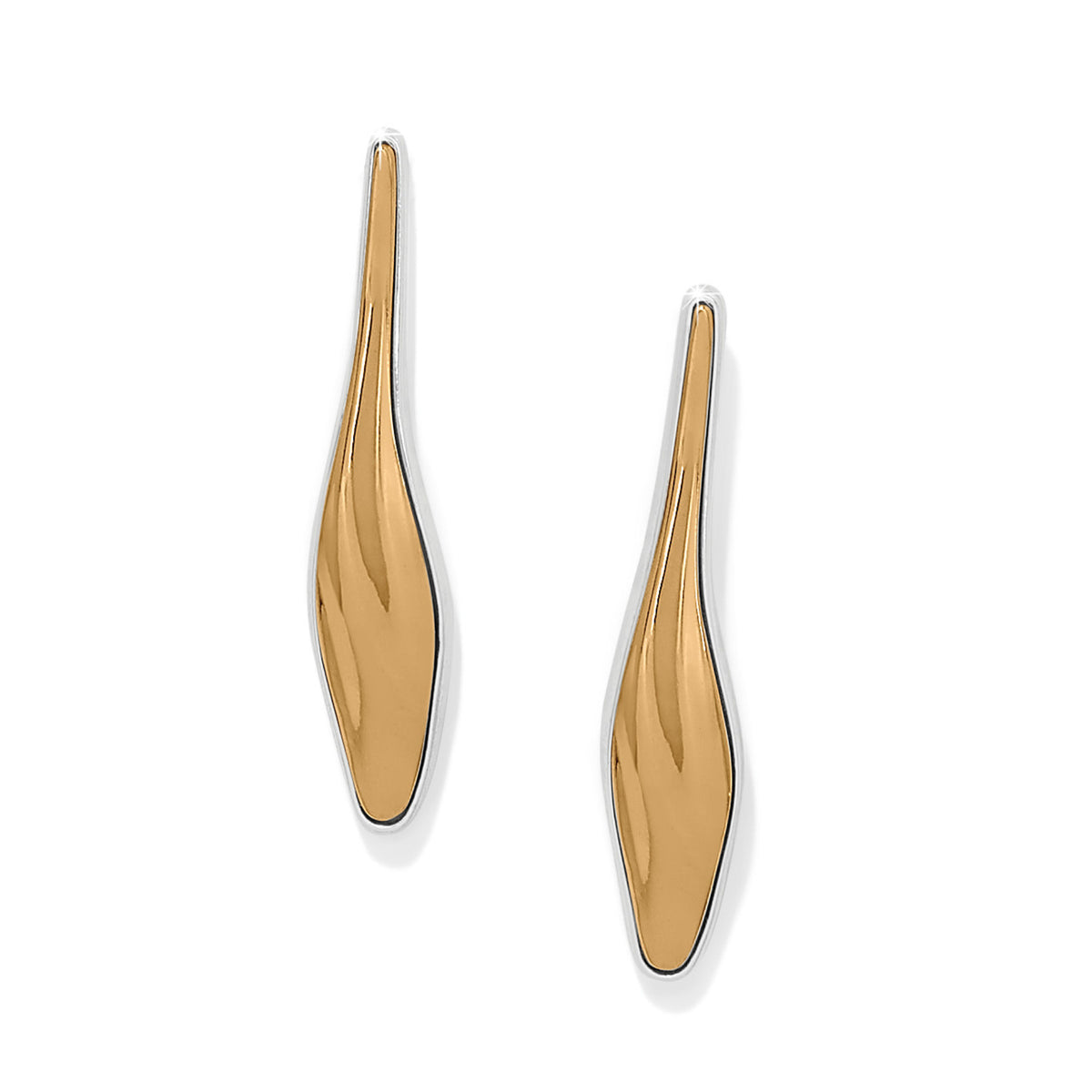 Silver and gold two-tone post drop earrings with flat disc backs
