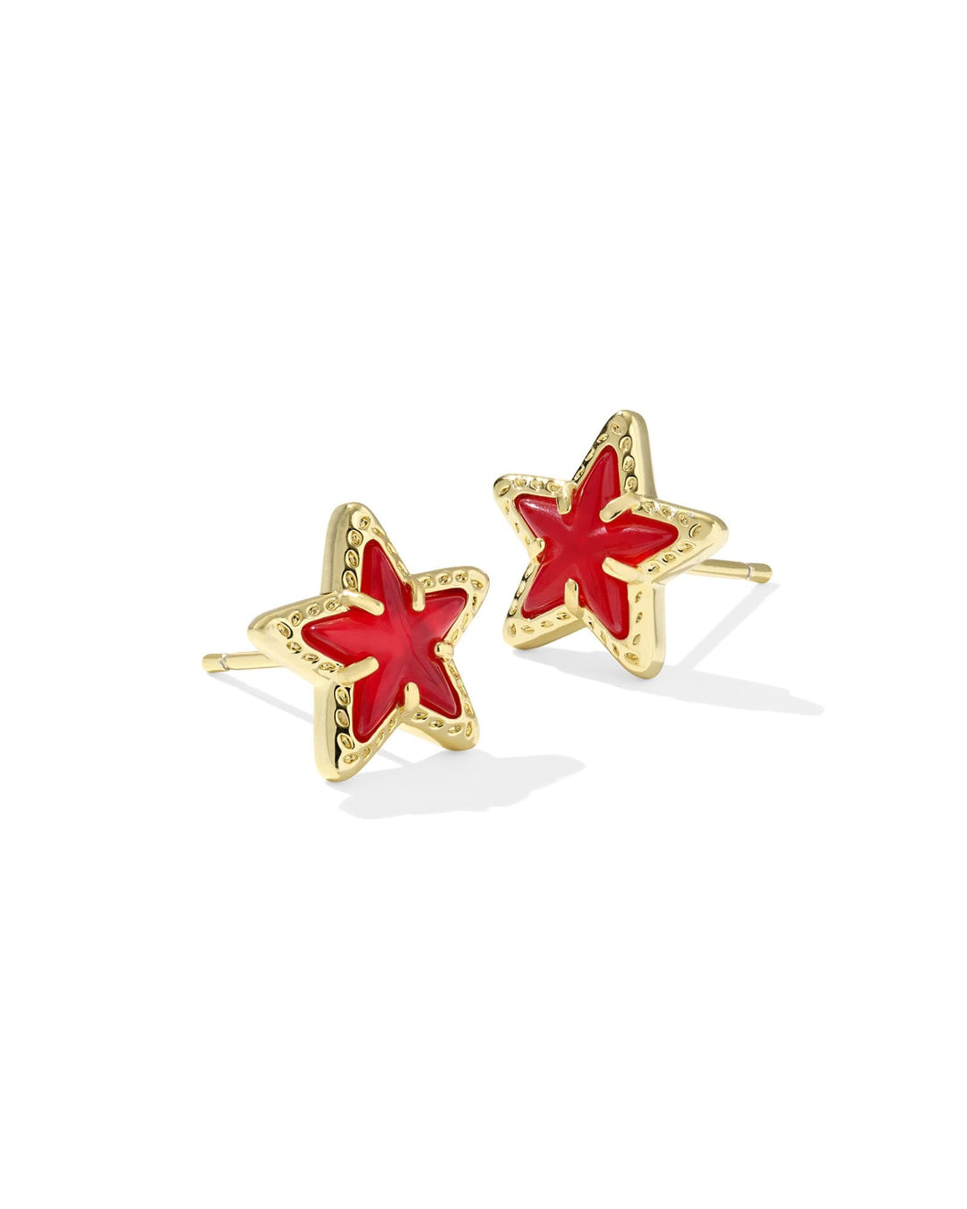 Gold Cassidy stud earrings featuring a red illusion star-spangled stone on an ear post.
