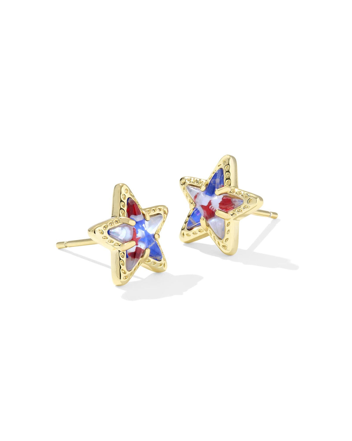 Gold Cassidy stud earrings featuring a red, white, and blue star pattern on the front face.