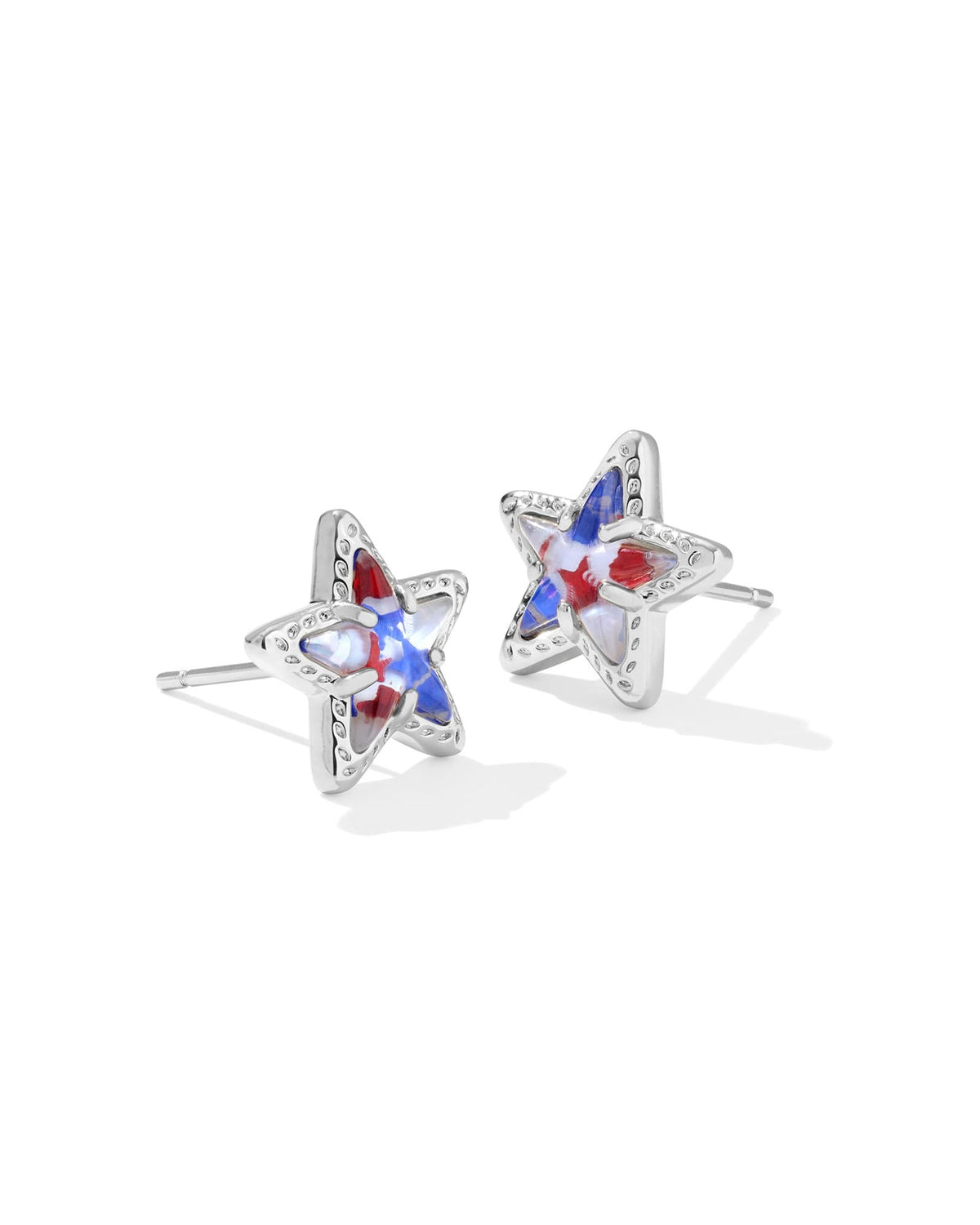 Silver Cassidy stud earrings featuring a red, white, and blue star-spangled pattern on the front.