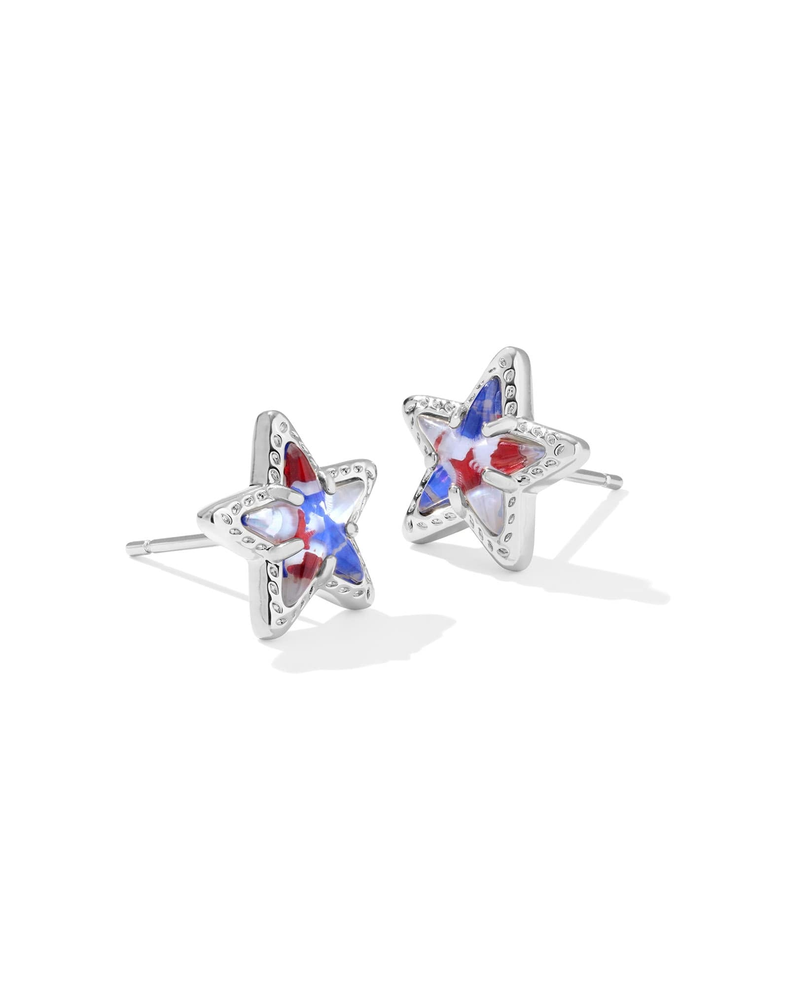 Silver Cassidy stud earrings featuring a red, white, and blue star-spangled pattern on the front.