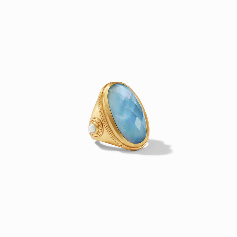 Gold-plated twisted wire ring featuring a pear-shaped iridescent chalcedony stone and mother-of-pearl accents.