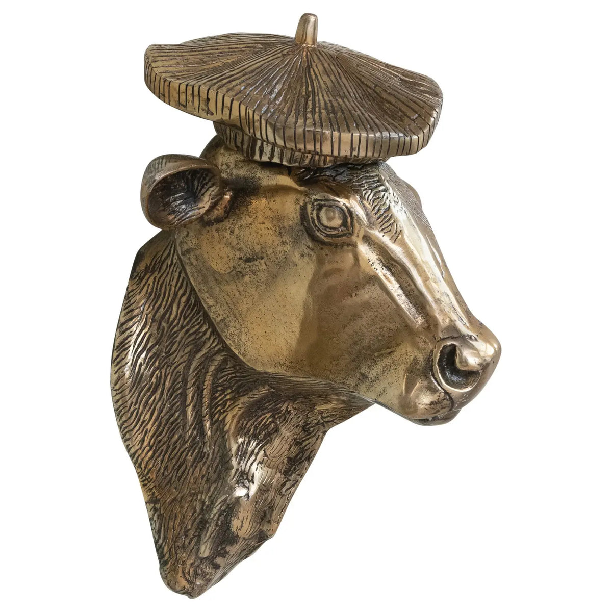 Cast aluminum cow head wall décor wearing a black beret hat