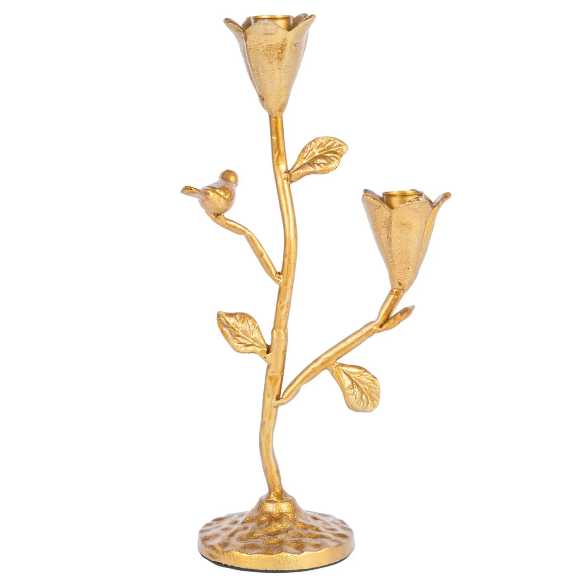 Gold cast iron candelabra featuring floral and bird silhouettes with a hand-forged design.