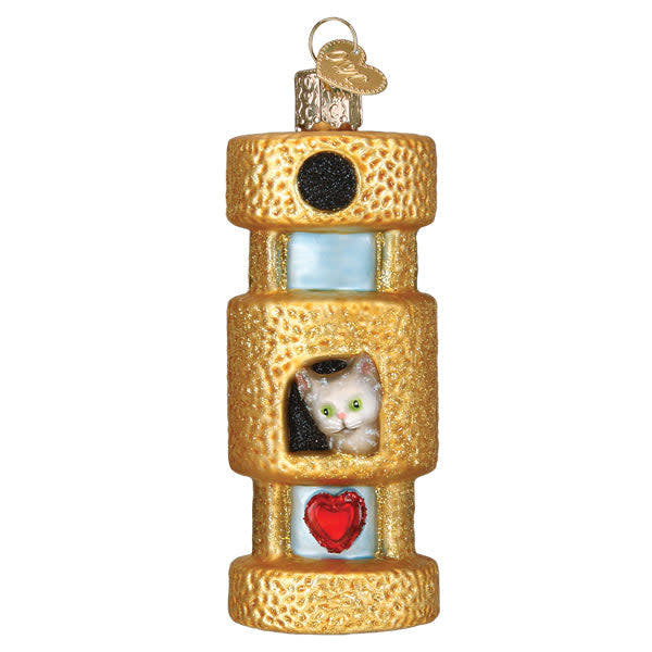 Cat Tower Ornament in natural wood finish with a tiered climbing structure.