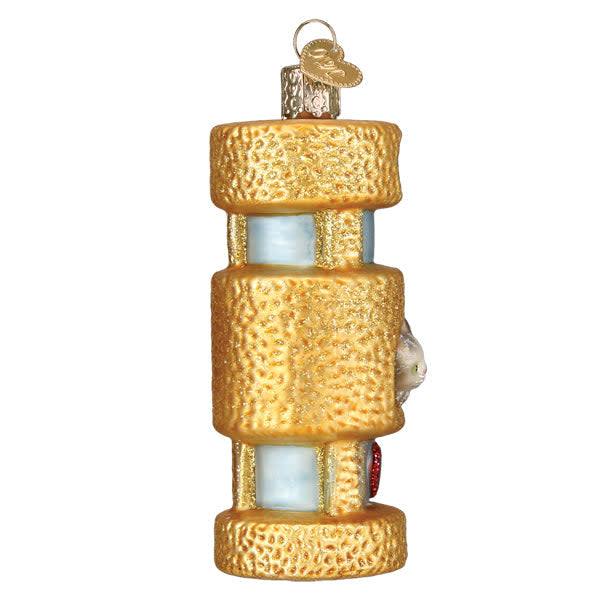 Side view of a cat tower ornament with natural wood finish featuring climbing platforms.