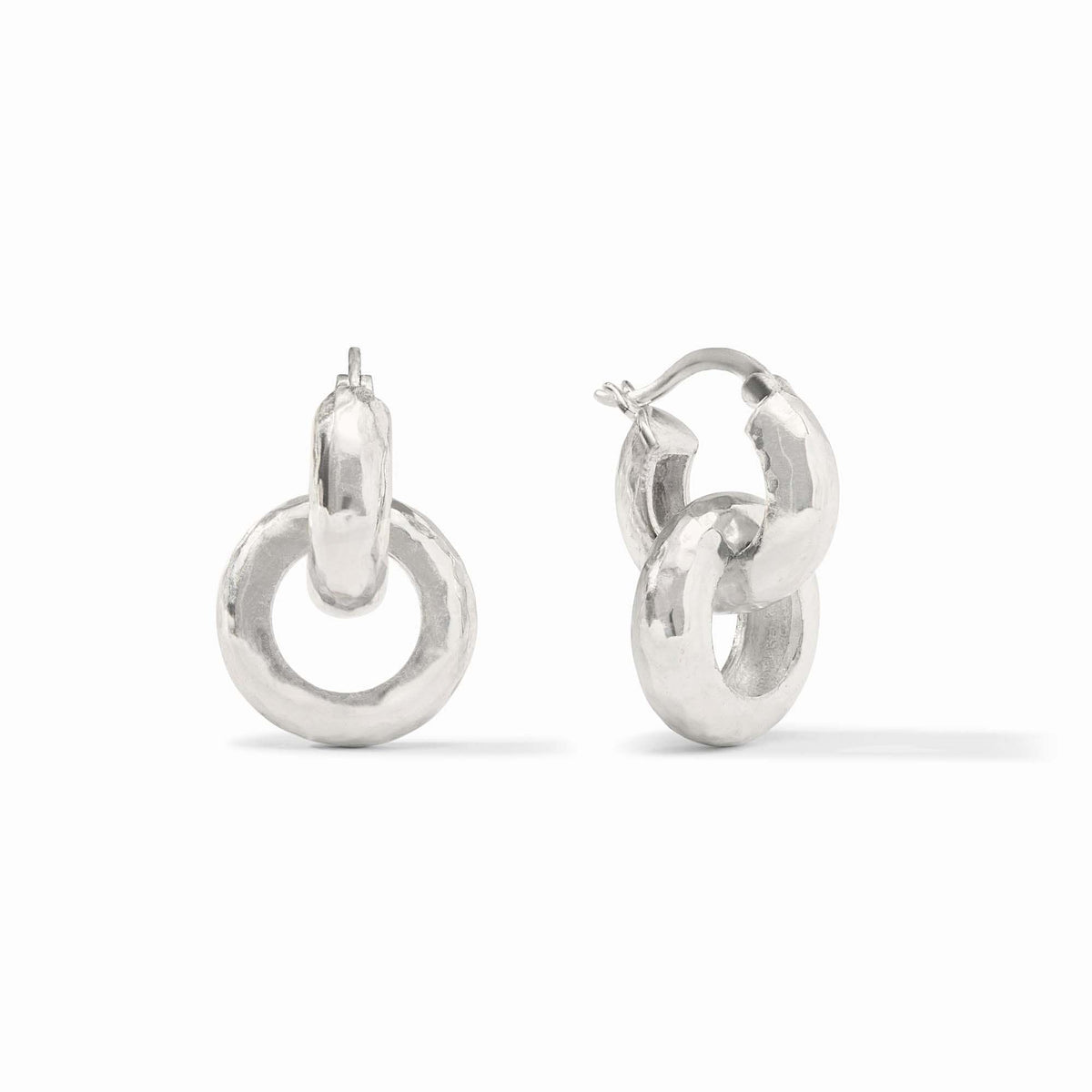 Chunky hand-hammered silver huggie hoop earring with an attached upper glass loop.