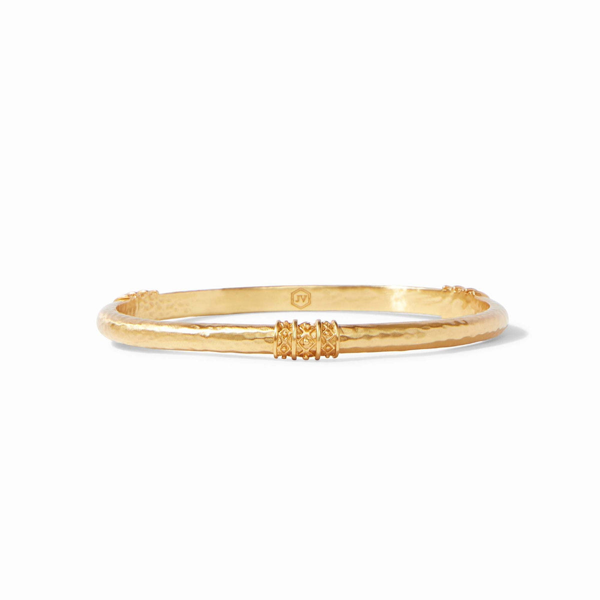 Gold hammered bangle with trio of diamond-bead accents