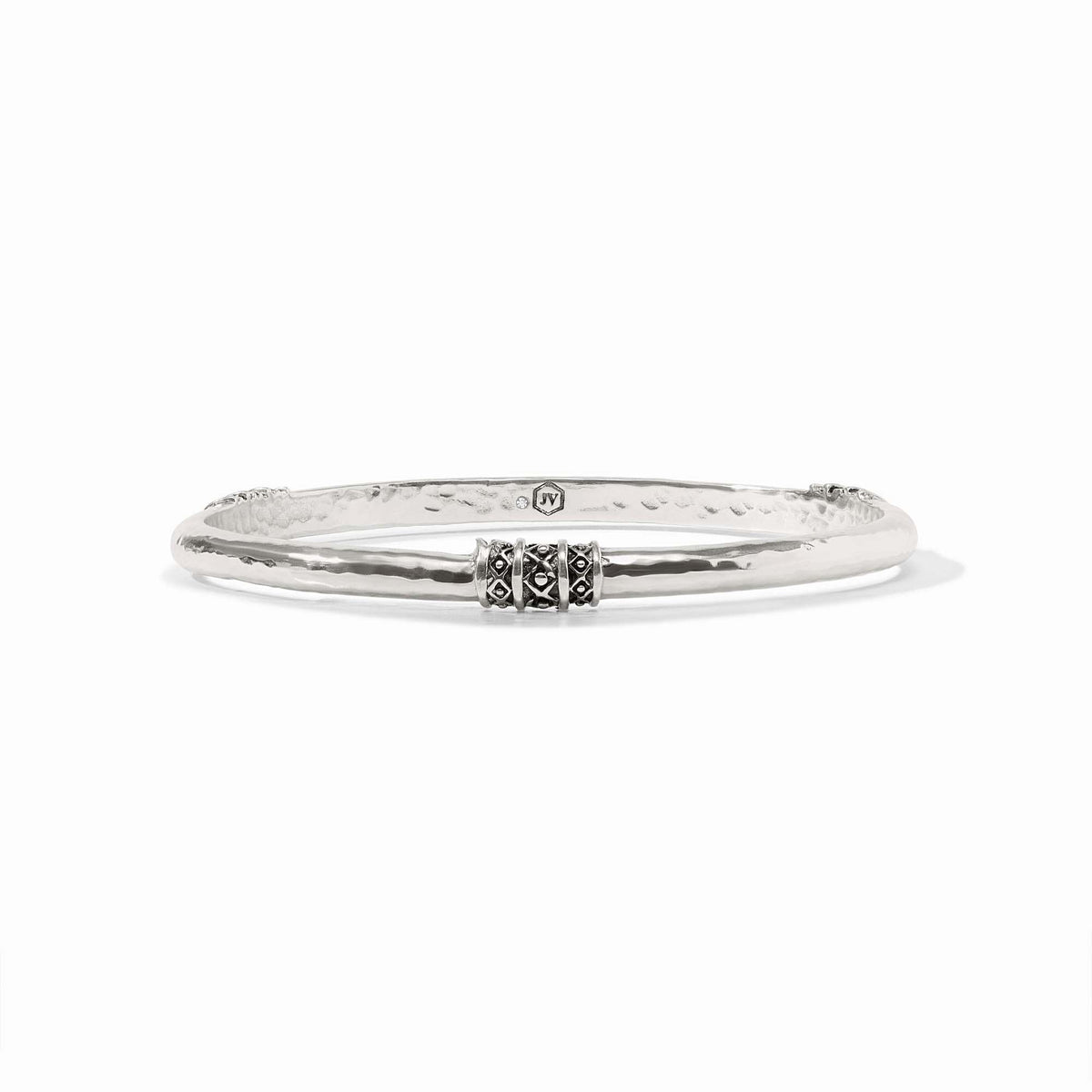 Silver hammered bangle with trio bead-in-diamond details