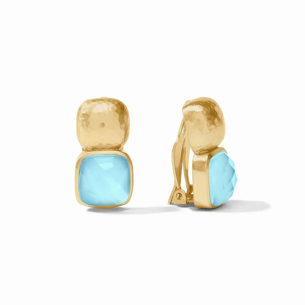 Iridescent Capri Blue Catalina clip with faceted cushion gemstone on hammered soft square in mother of pearl