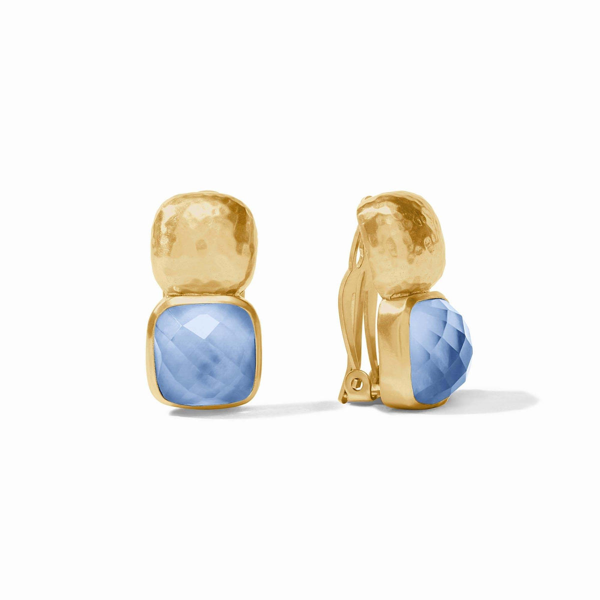 Iridescent blue chalcedony clip with faceted cushion gemstone on hammered soft square in mother of pearl and 24K gold plate.