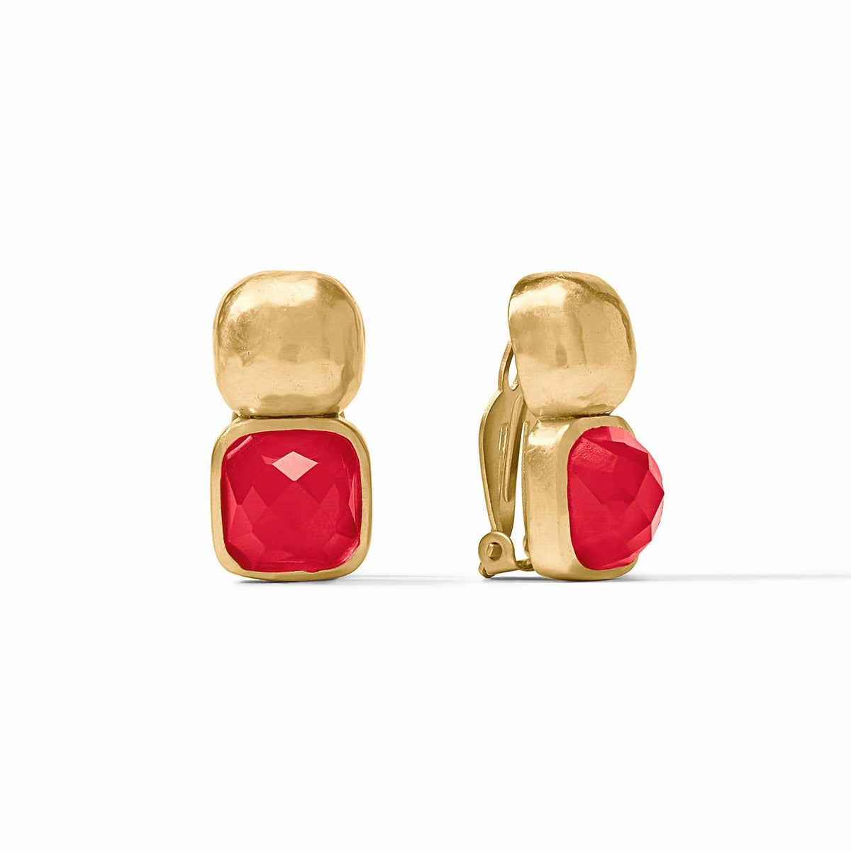 Iridescent strawberry clip featuring a faceted cushion gemstone on hammered soft square with mother of pearl.