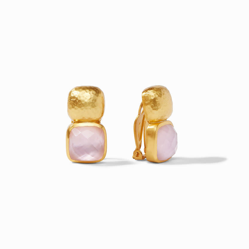 Iridescent rose clip-on earring with faceted cushion gemstone on hammered soft square in mother of pearl and 24K gold plate.