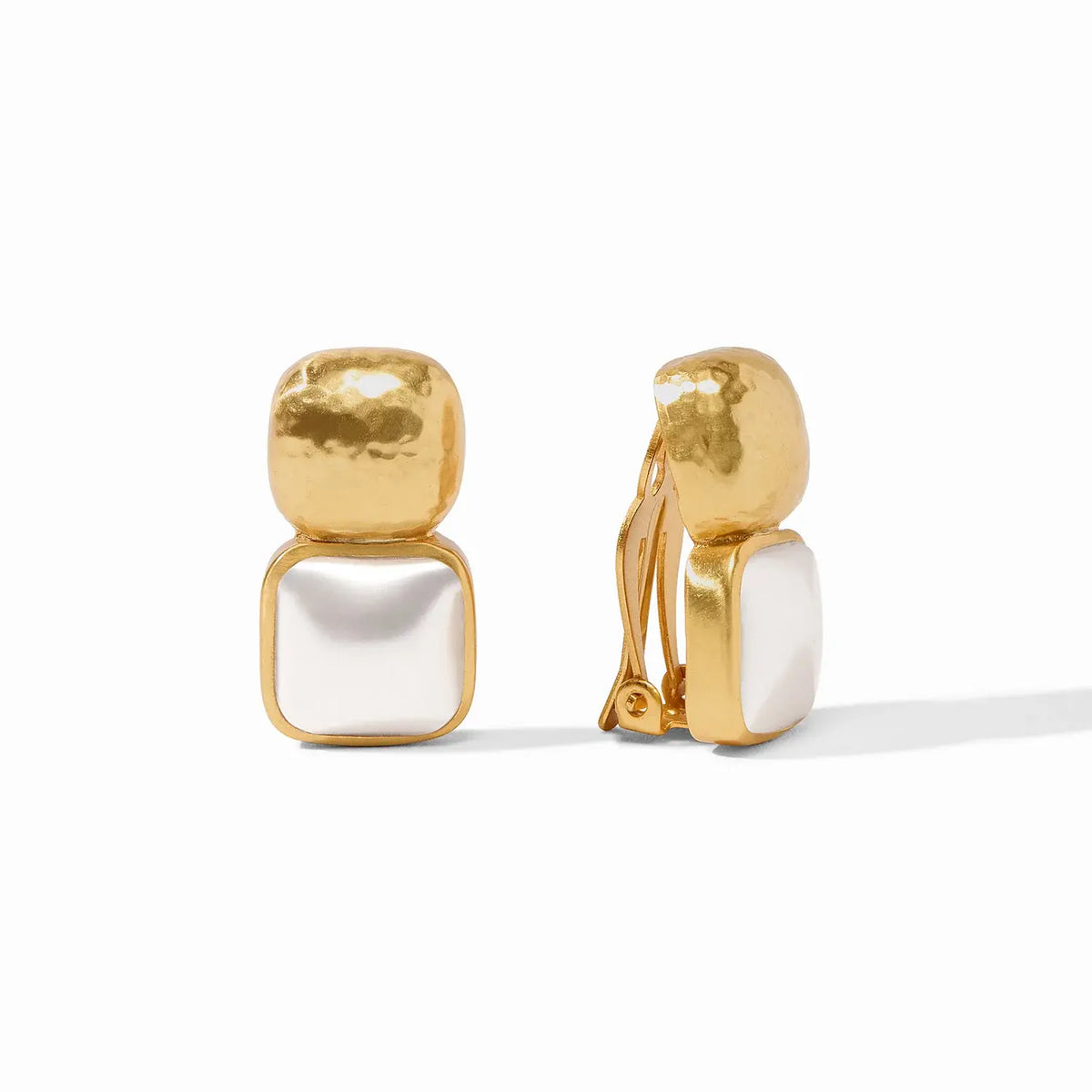 Catalina clip featuring a faceted cushion gemstone with hammered soft square accents on 24K gold plate and mother of pearl.