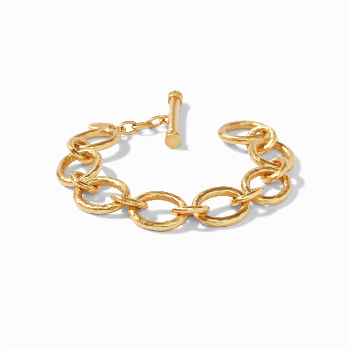Gold hammered link bracelet with toggle closure