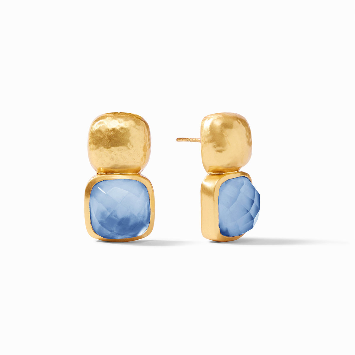 Catalina earring featuring iridescent blue chalcedony stone with mother-of-pearl accents in a gold plate setting.