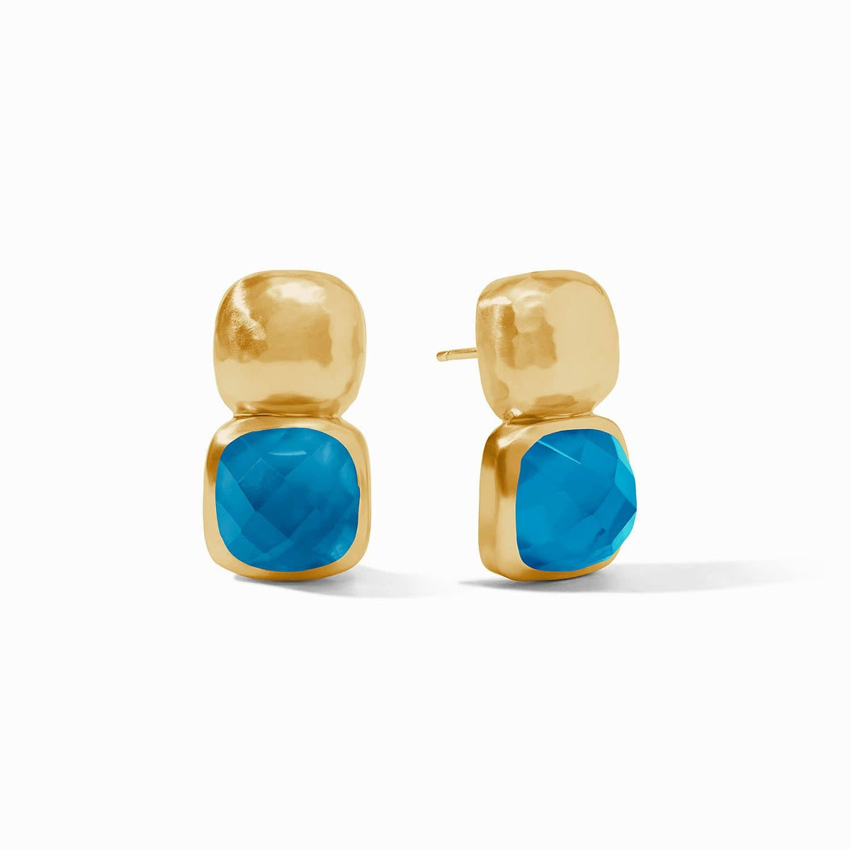 Catalina earring with iridescent London blue glass stone in a gold-plated setting