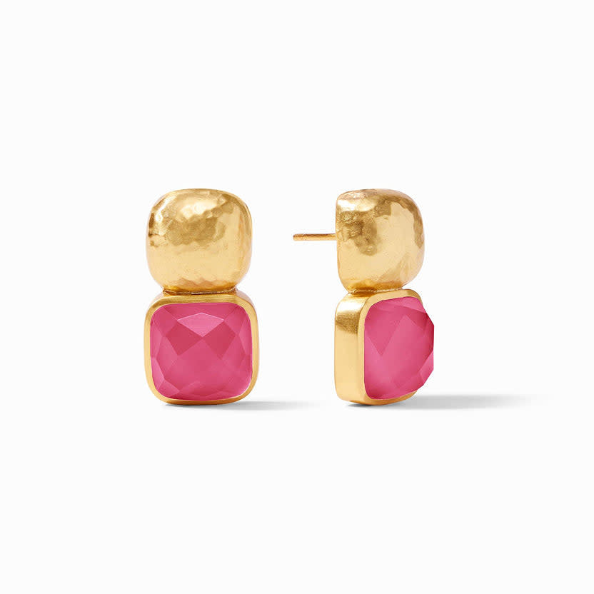 Catalina earring with iridescent raspberry glass stone in a gold-plated setting