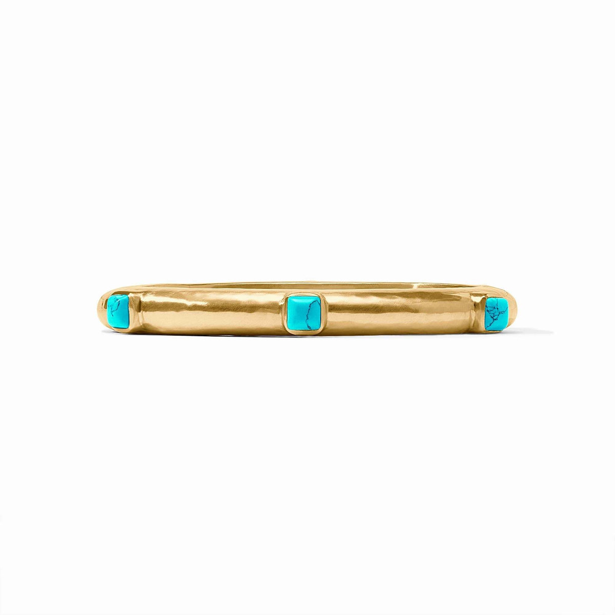 Turquoise hammered bangle with rose-cut glass stations and mother-of-pearl doublet in 24K gold plate.