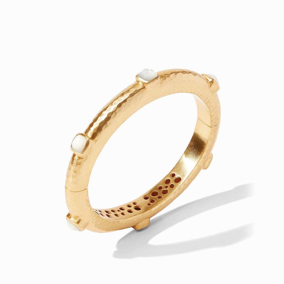 Rose-cut glass bangle with mother of pearl doublets in hammered gold plate