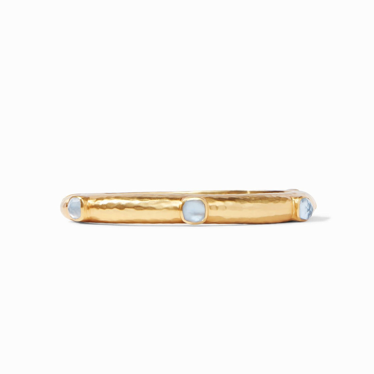 Catalina hinged bangle in blue chalcedony with rose-cut glass stations and mother-of-pearl accents.