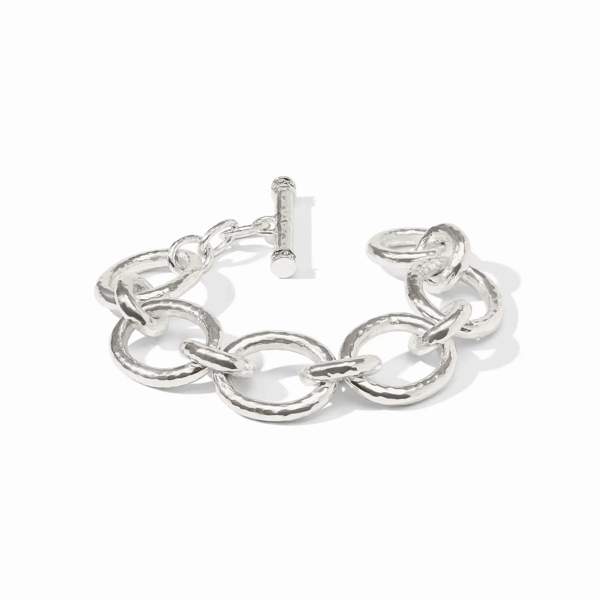 Silver hammered link bracelet with a toggle clasp