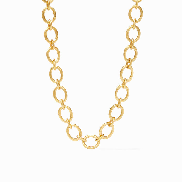 Adjustable gold link necklace with pearl endcaps on a toggle clasp