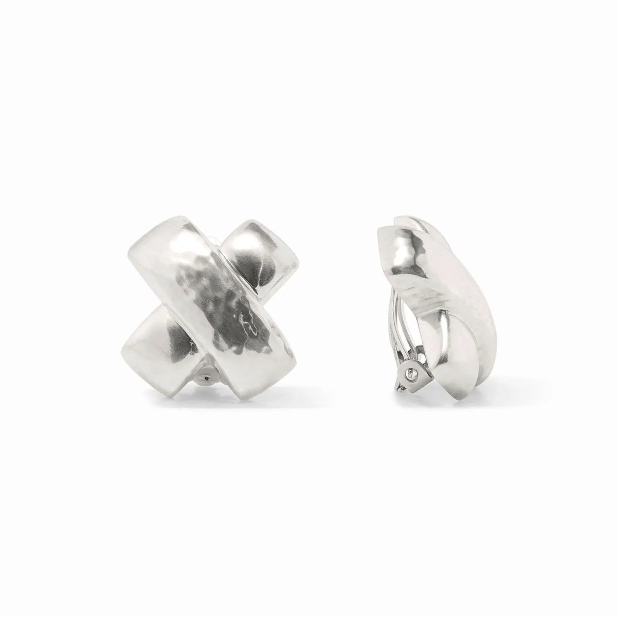 Silver Catalina X clip-on earring with hammered finish overlapping smooth metal