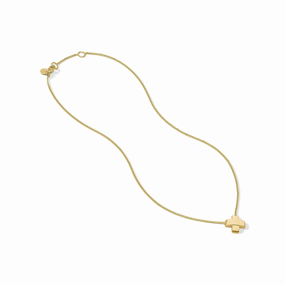 Gold X-shaped necklace with hammered and smooth satin bars on an adjustable curb chain.