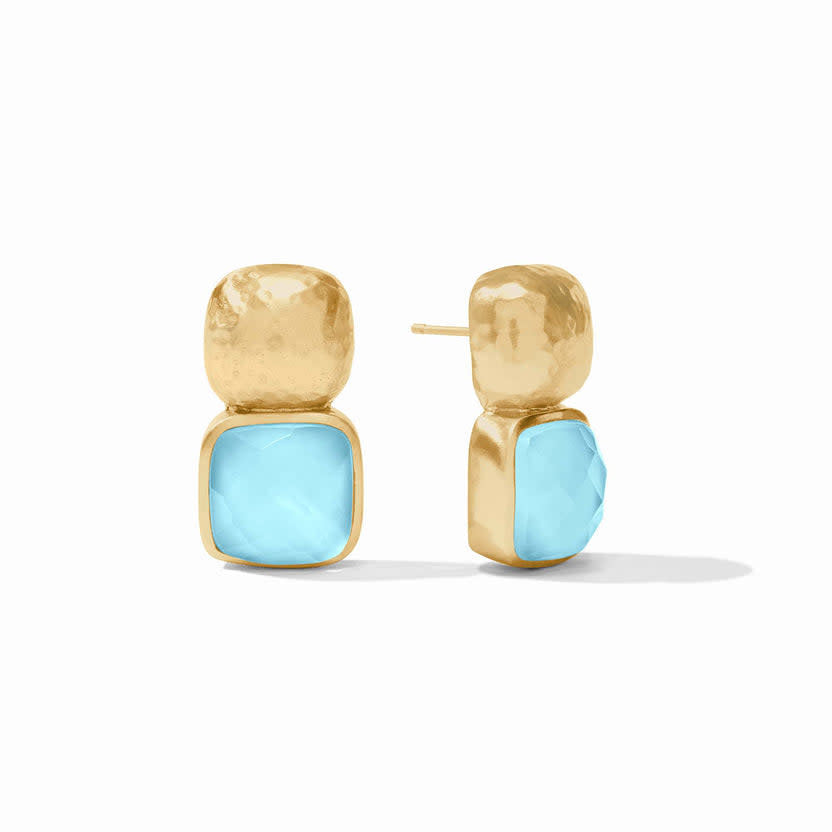 Iridescent capri blue Catalina earring with mother-of-pearl and glass accents on a gold plate.