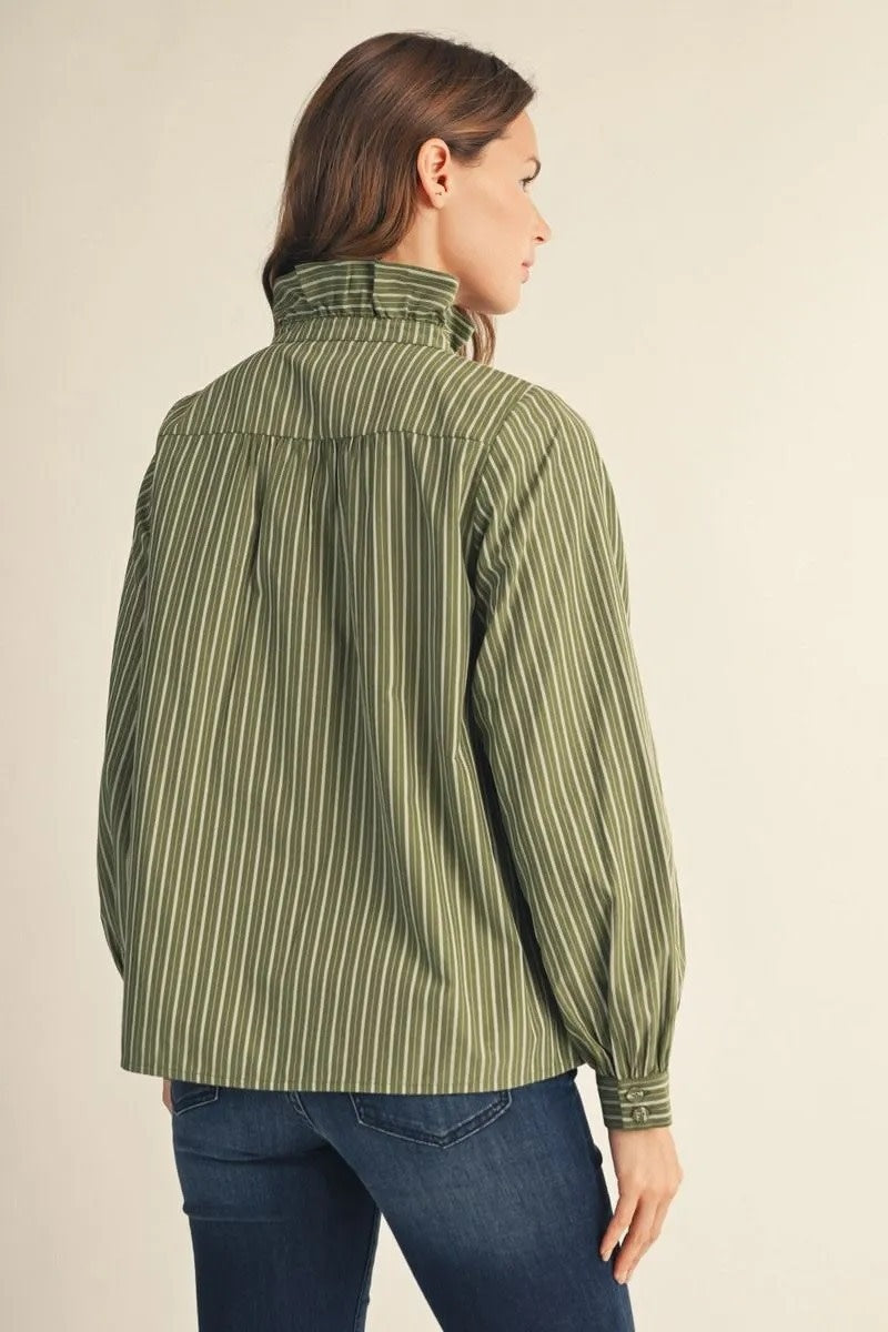 Catherine Long Sleeves Button Down Stripe Top Kale