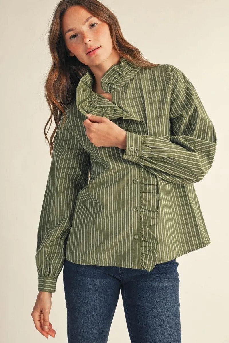 Catherine Long Sleeves Button Down Stripe Top Kale