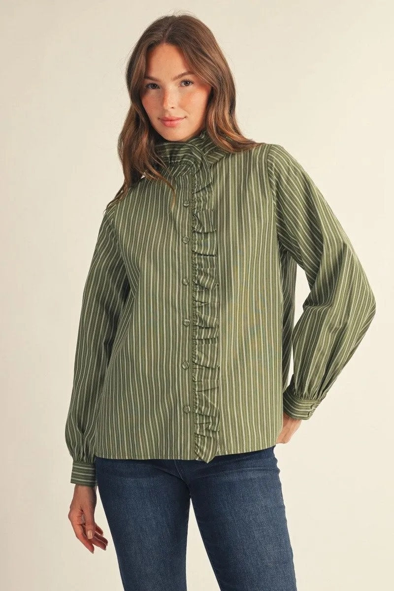 Catherine Long Sleeves Button Down Stripe Top Kale