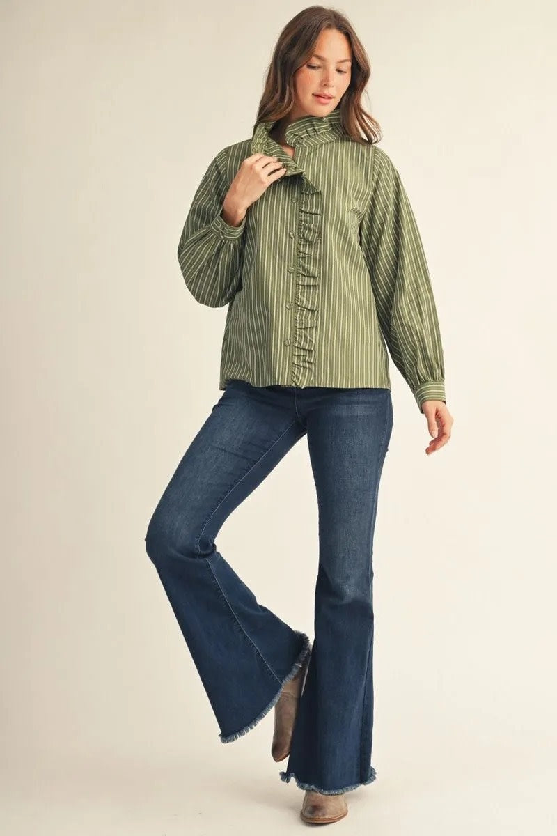 Catherine Long Sleeves Button Down Stripe Top Kale