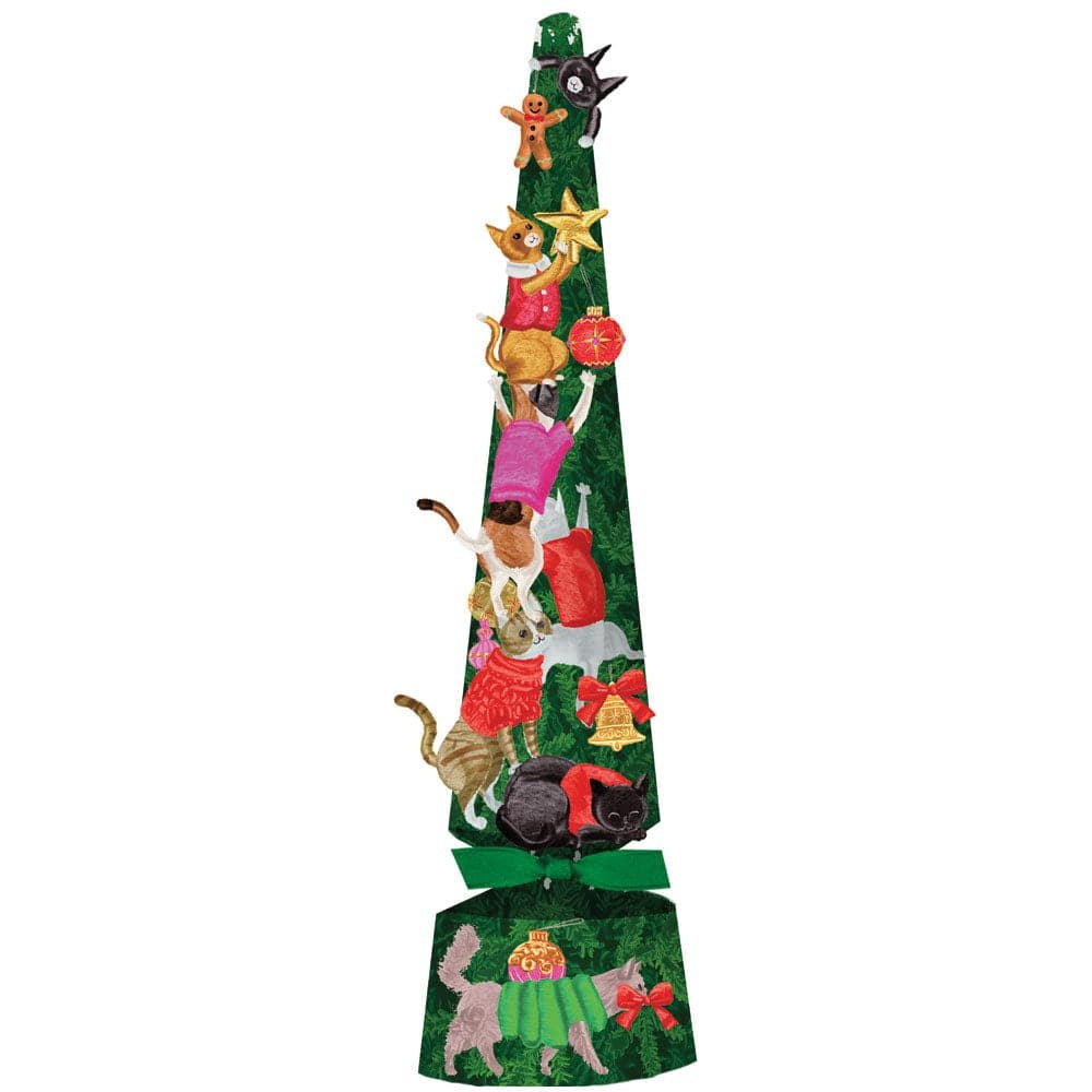 Christmas cracker shaped like a green tree with illustrations of cats decorating it.