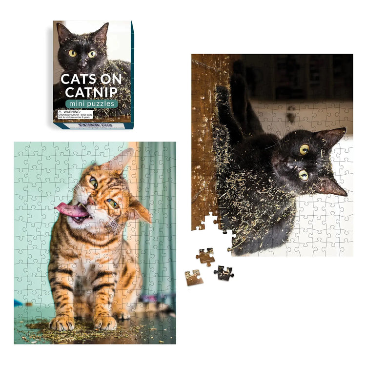 Mini jigsaw puzzle set featuring two designs of cats playing with catnip on a white background.