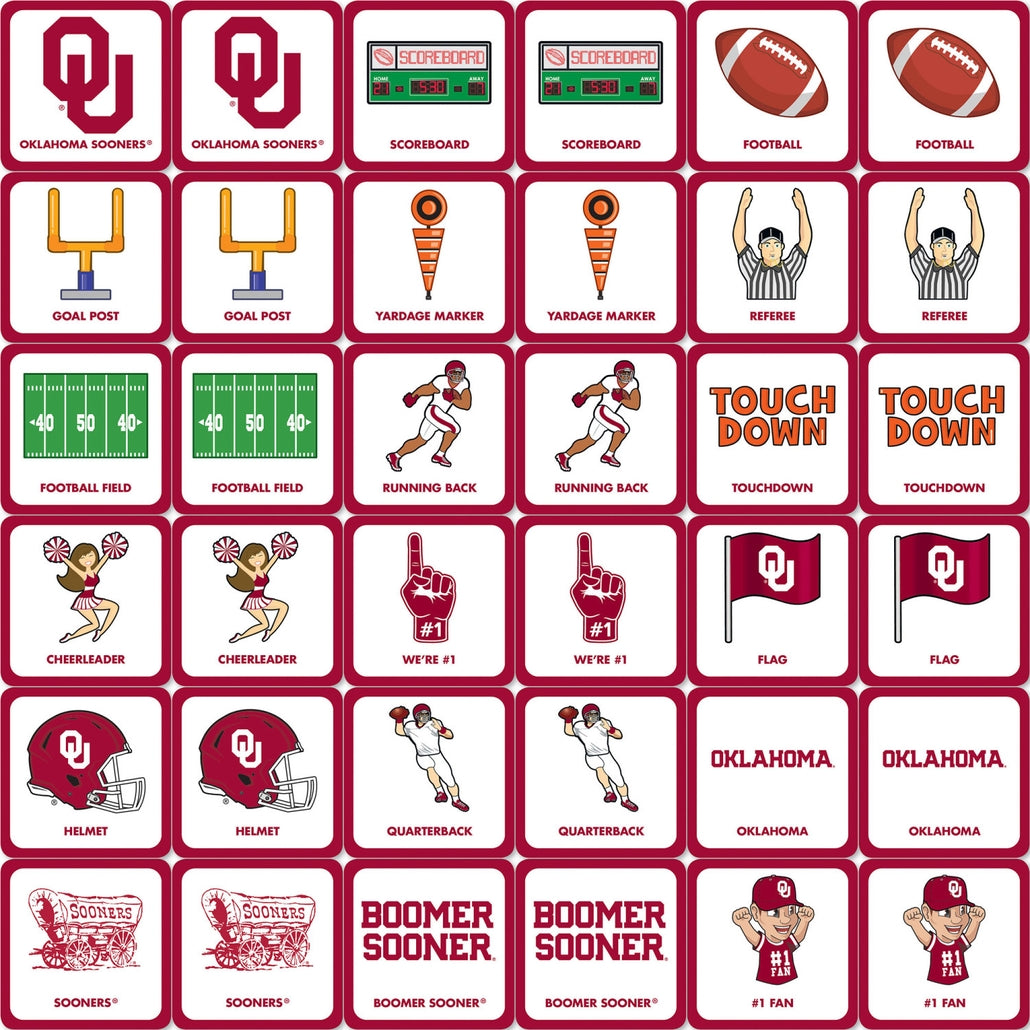 Oklahoma Sooners NCAA matching game featuring team logo on a white box with blue and crimson accents.