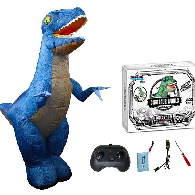 Inflatable RC dinosaur toy in green with textured skin patterns.