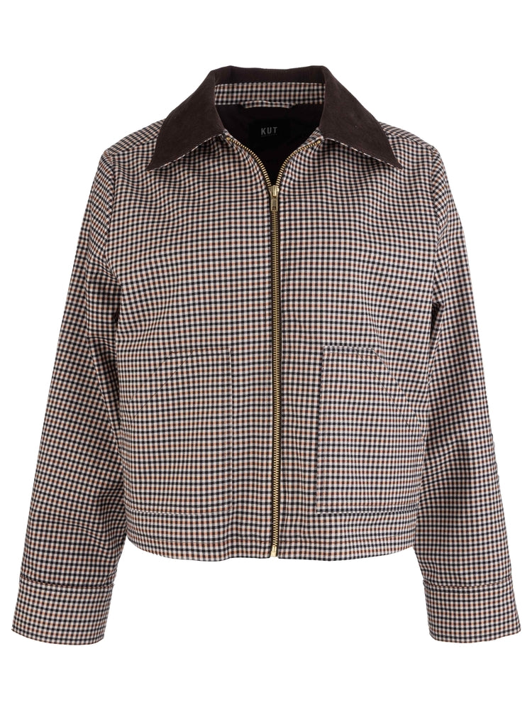 Natalia zip-front jacket in a brown and black check pattern with a dark brown corduroy collar.