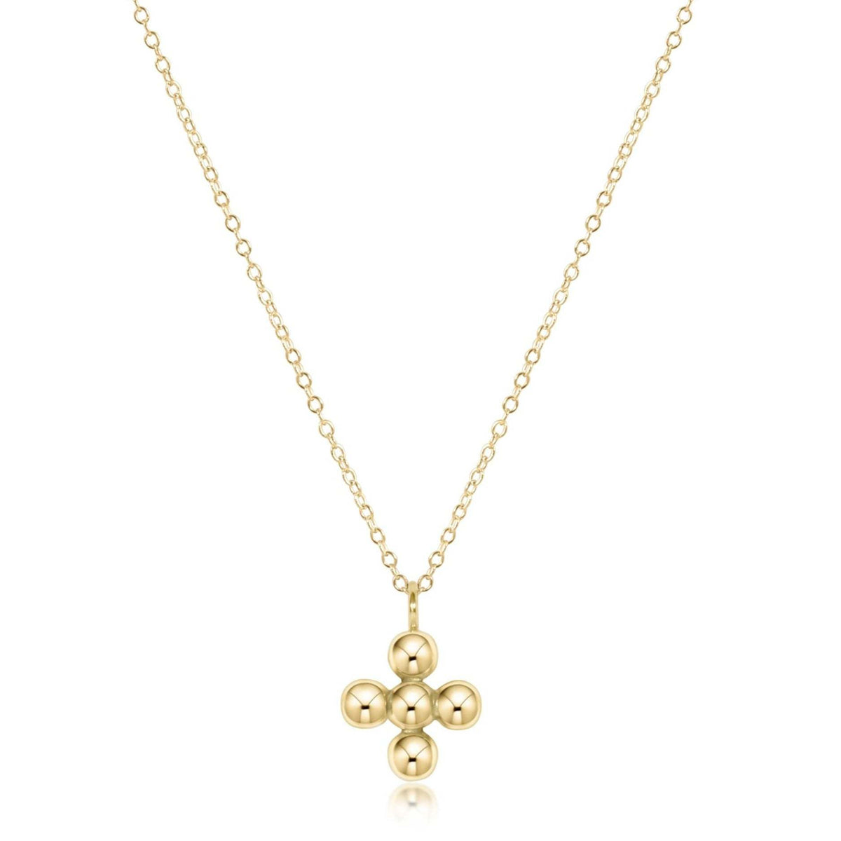 16-inch 14kt gold-filled chain necklace with a signature cross charm made of 4mm gold beads.