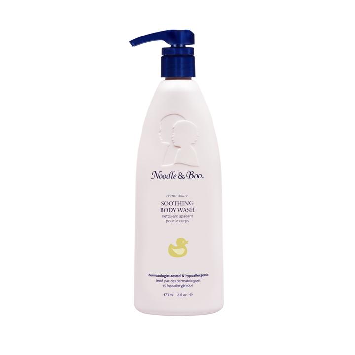 Bottle of Soothing Body Wash with light blue liquid visible through clear plastic packaging.